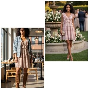 😉🤩BCBGMAXAZRIA Eyelet Ruffled Tiered Mini Dress Blush Pink Size 4